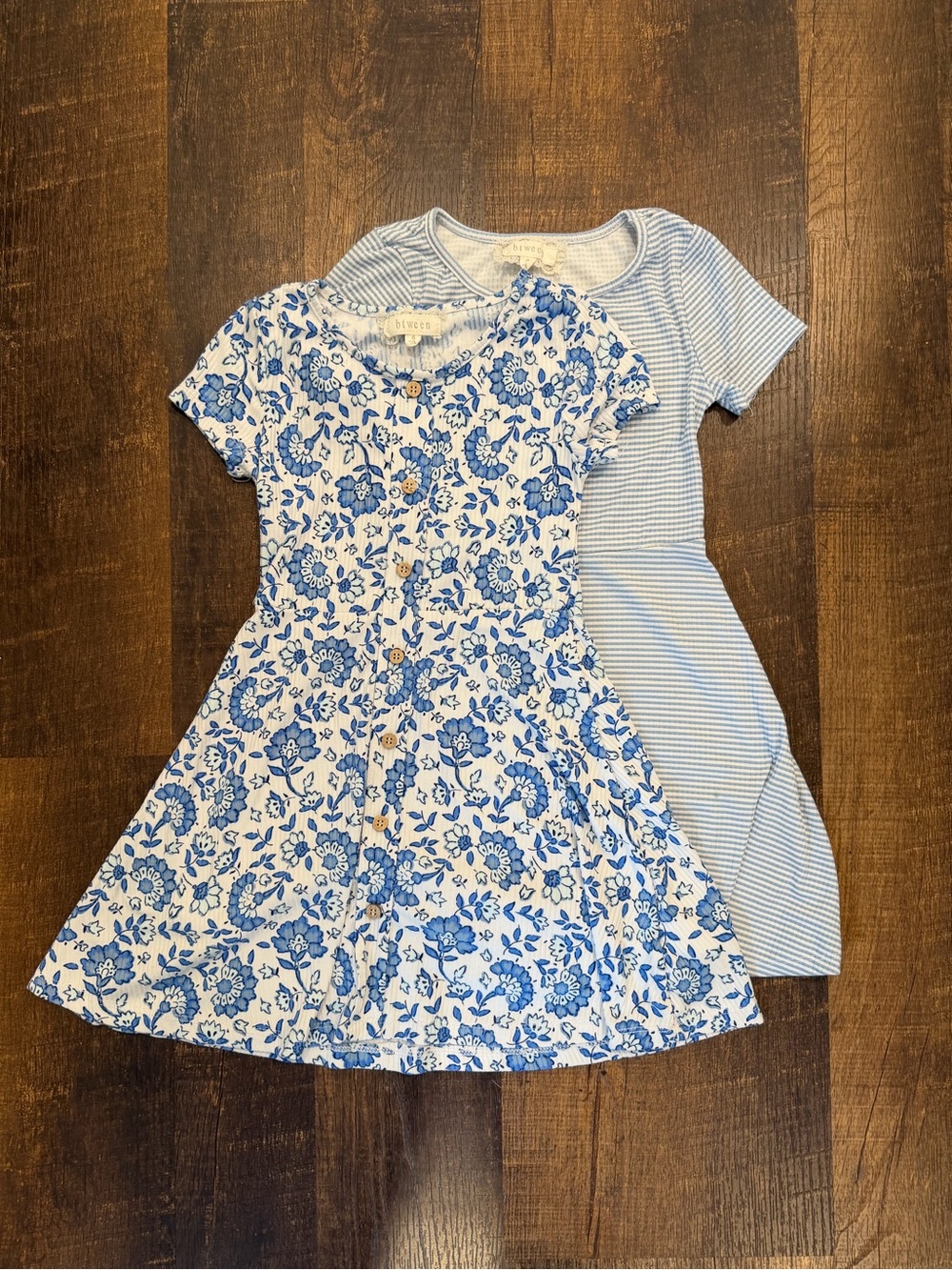 Btween set of two Blue Floral and stripe Button-Front Kids Dresses